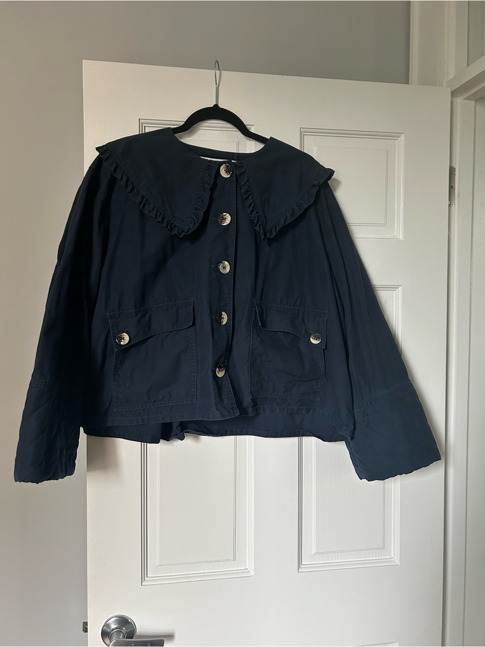 Ganni Navy Ruffle-Collar Jacket